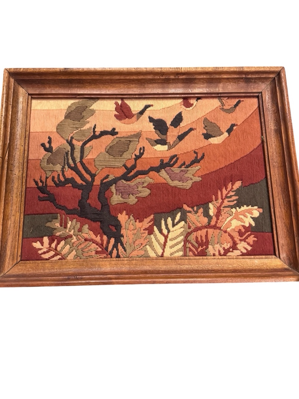 Vintage 1970s Gilbert Thiriet Flying Geese Needlepoint Wool Art Retro Cabin